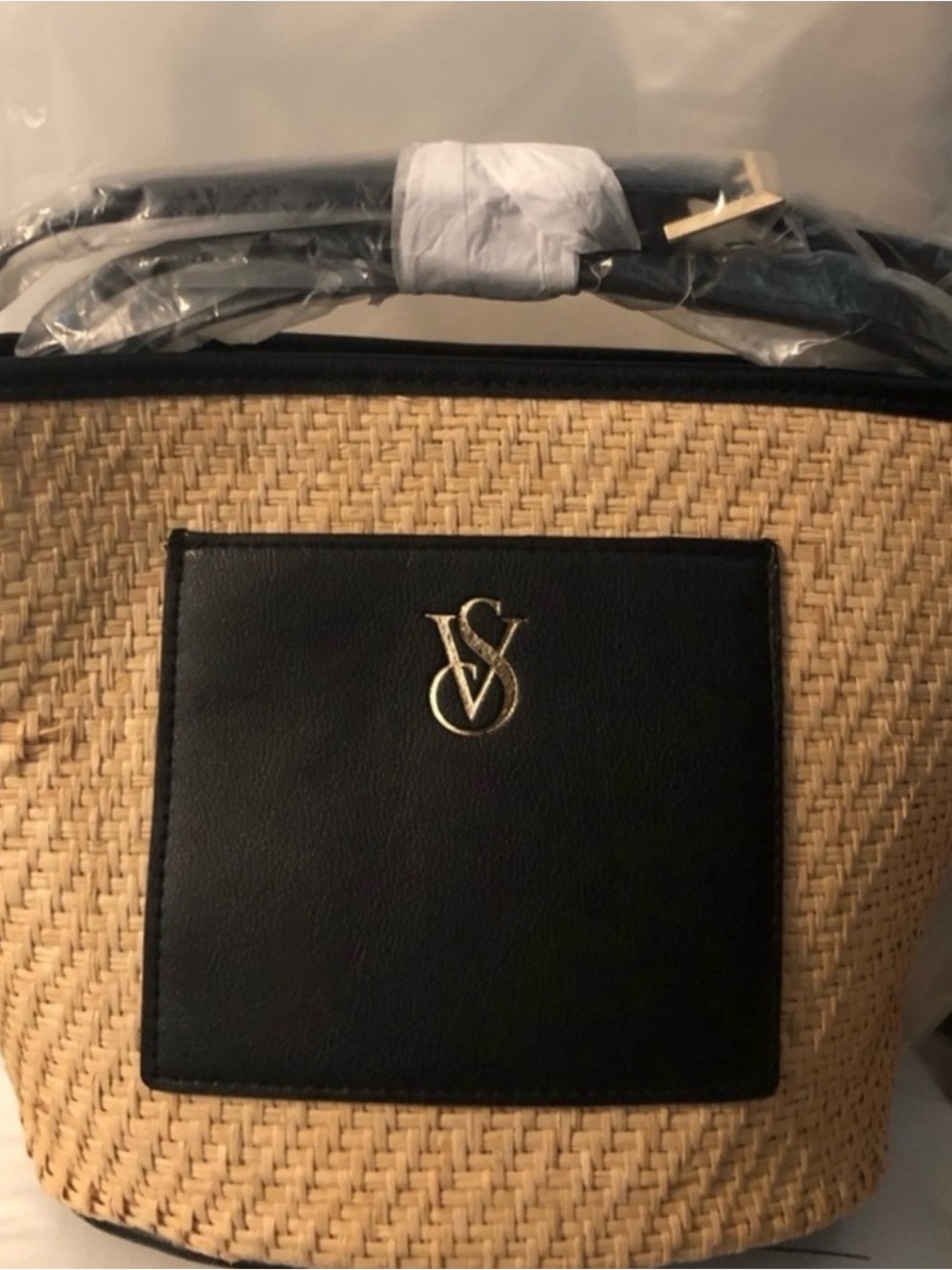 Victoria Secret Cinch Top Black Gingham and Tan Woven Raffia Straw Shoulder Bag